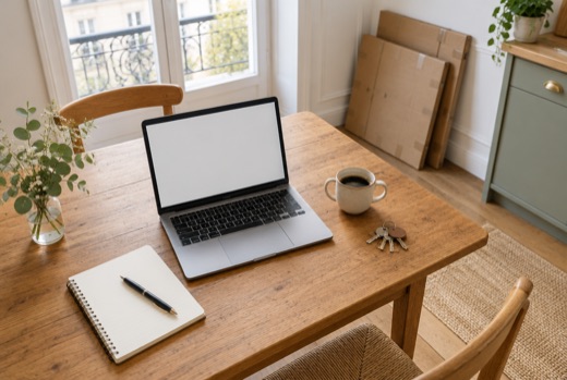 Un ordinateur portable, un carnet et des clés sur une table, avec des cartons pliés contre le mur
