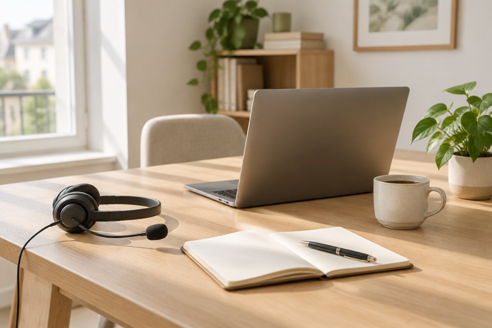 Un bureau clair avec un casque téléphonique, un carnet ouvert et un ordinateur portable